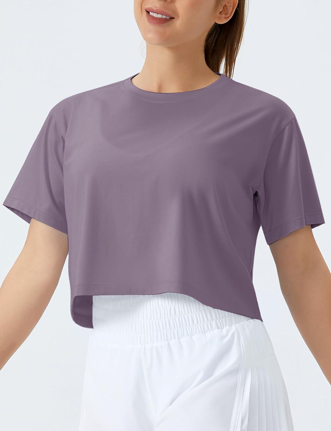 imageTHE GYM PEOPLE Womens Workout Crop Top TShirt Short Sleeve Boxy Yoga Running Cropped Basic TeeGrey Purple