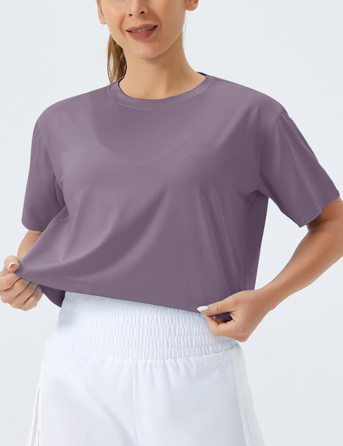 imageTHE GYM PEOPLE Womens Workout Crop Top TShirt Short Sleeve Boxy Yoga Running Cropped Basic TeeGrey Purple