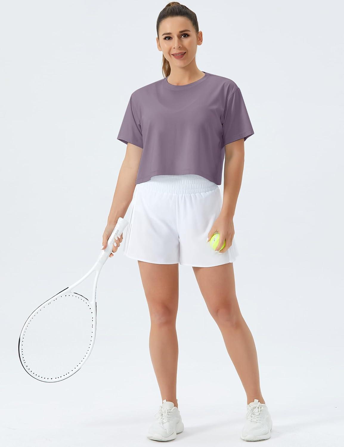 imageTHE GYM PEOPLE Womens Workout Crop Top TShirt Short Sleeve Boxy Yoga Running Cropped Basic TeeGrey Purple