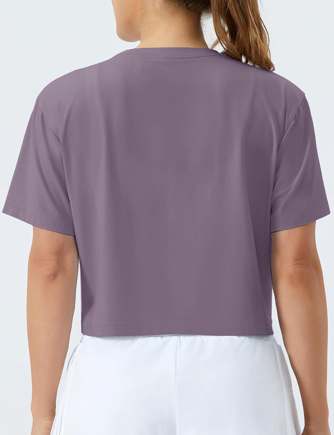 imageTHE GYM PEOPLE Womens Workout Crop Top TShirt Short Sleeve Boxy Yoga Running Cropped Basic TeeGrey Purple