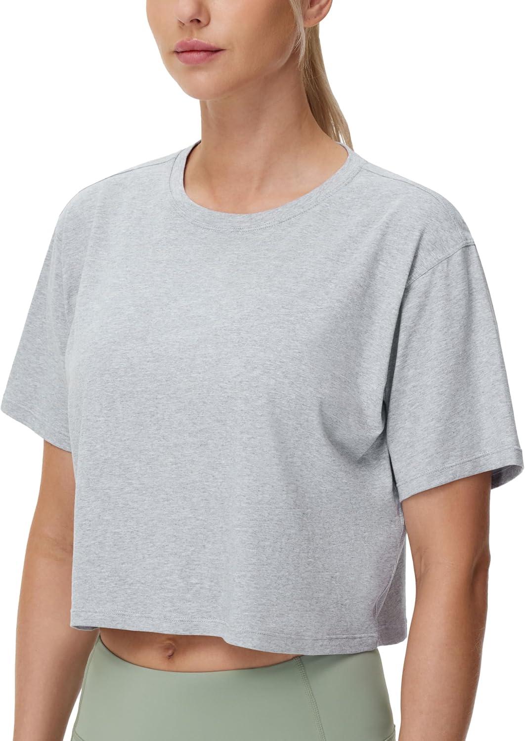 imageTHE GYM PEOPLE Womens Workout Crop Top TShirt Short Sleeve Boxy Yoga Running Cropped Basic TeeHeather Grey