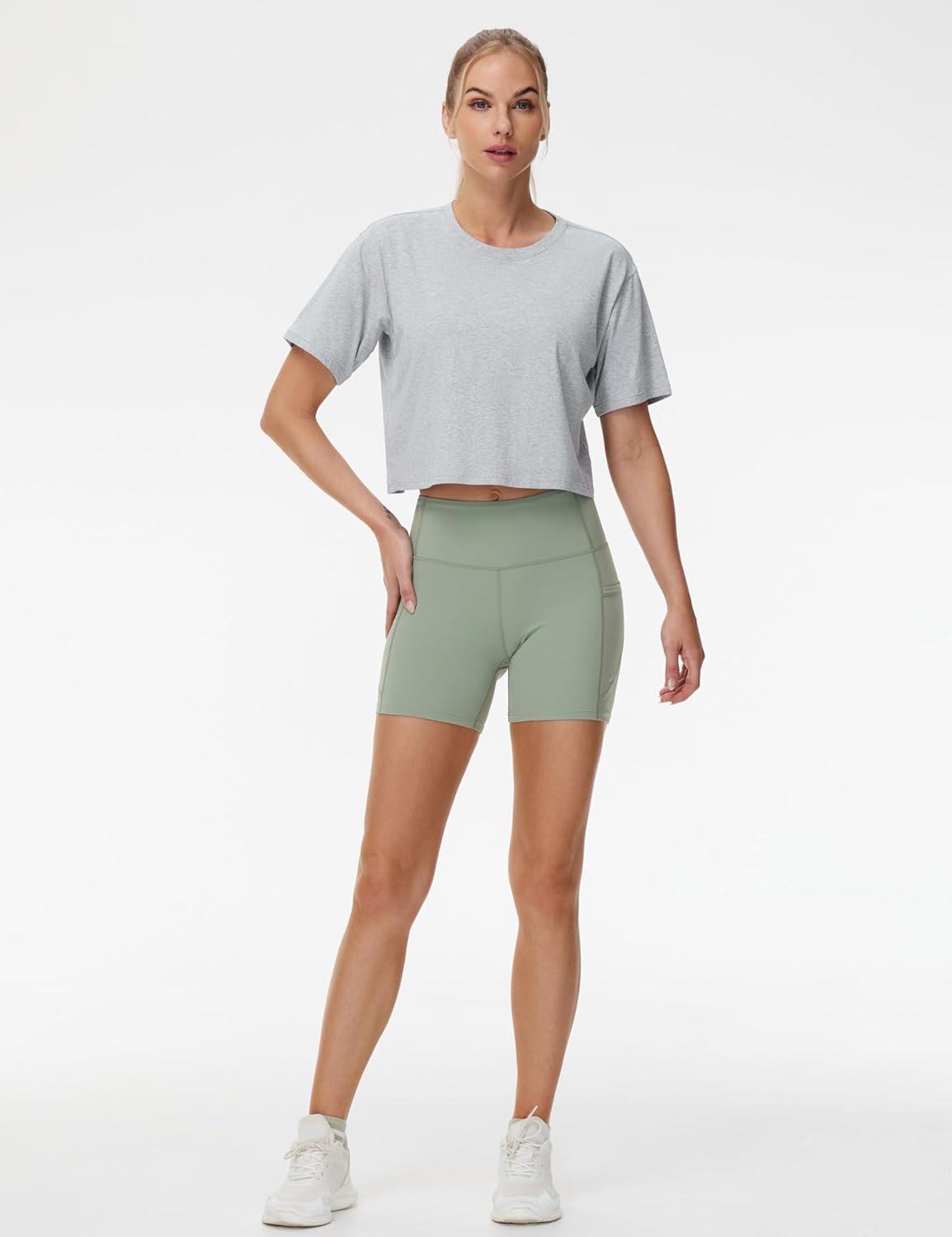 imageTHE GYM PEOPLE Womens Workout Crop Top TShirt Short Sleeve Boxy Yoga Running Cropped Basic TeeHeather Grey