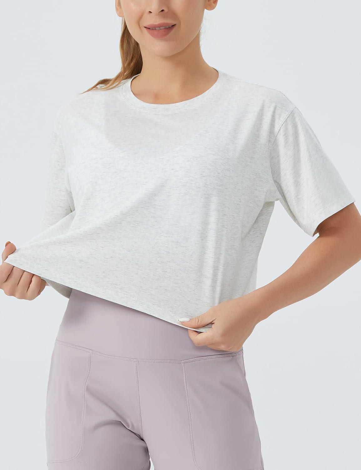 imageTHE GYM PEOPLE Womens Workout Crop Top TShirt Short Sleeve Boxy Yoga Running Cropped Basic TeeHeather White