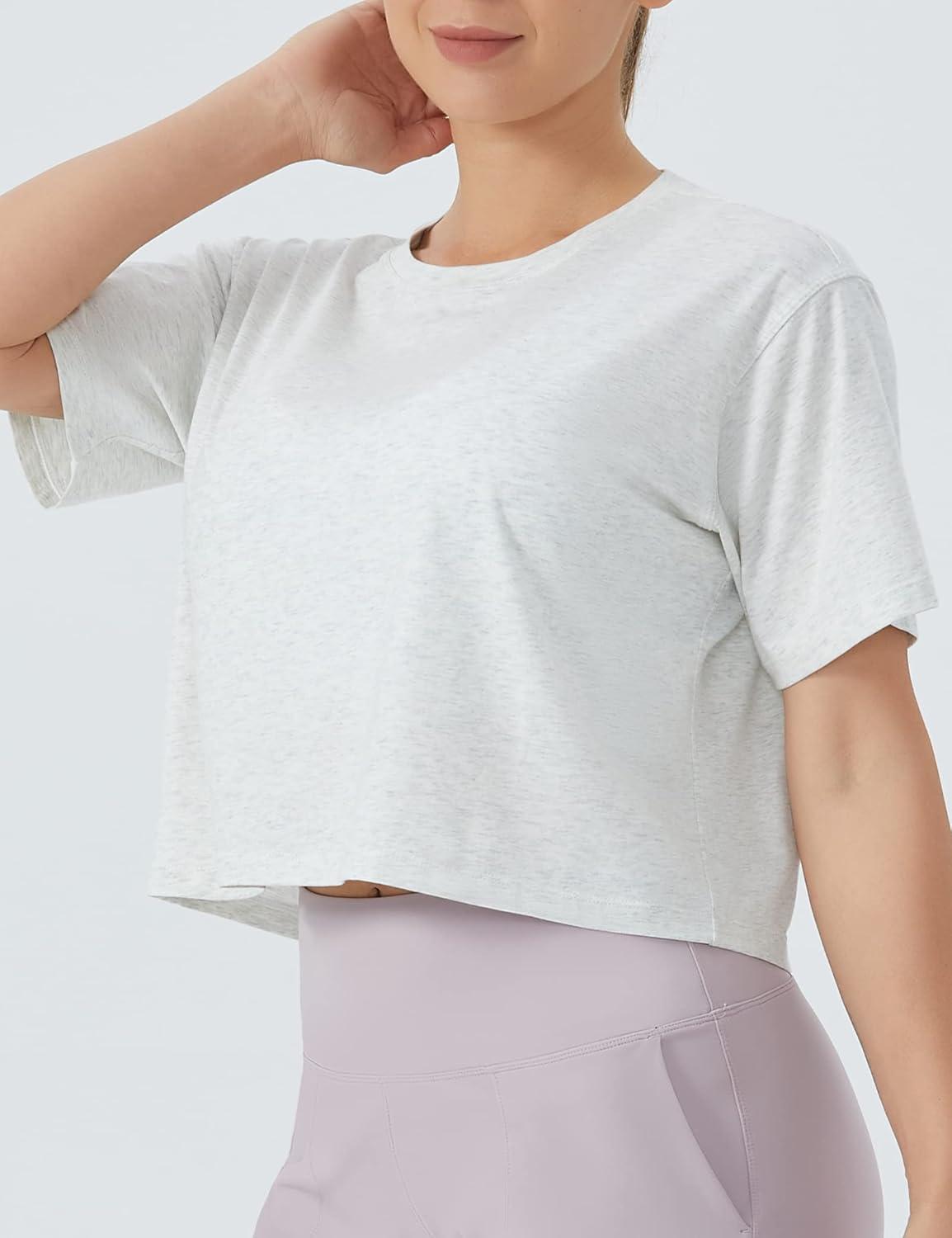 imageTHE GYM PEOPLE Womens Workout Crop Top TShirt Short Sleeve Boxy Yoga Running Cropped Basic TeeHeather White