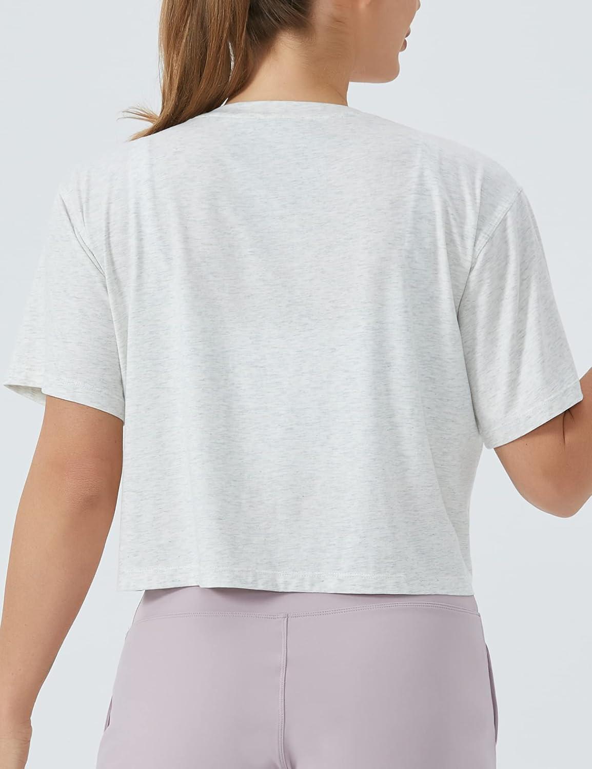 imageTHE GYM PEOPLE Womens Workout Crop Top TShirt Short Sleeve Boxy Yoga Running Cropped Basic TeeHeather White