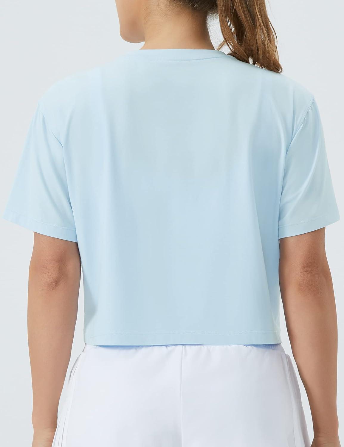 imageTHE GYM PEOPLE Womens Workout Crop Top TShirt Short Sleeve Boxy Yoga Running Cropped Basic TeeLight Blue