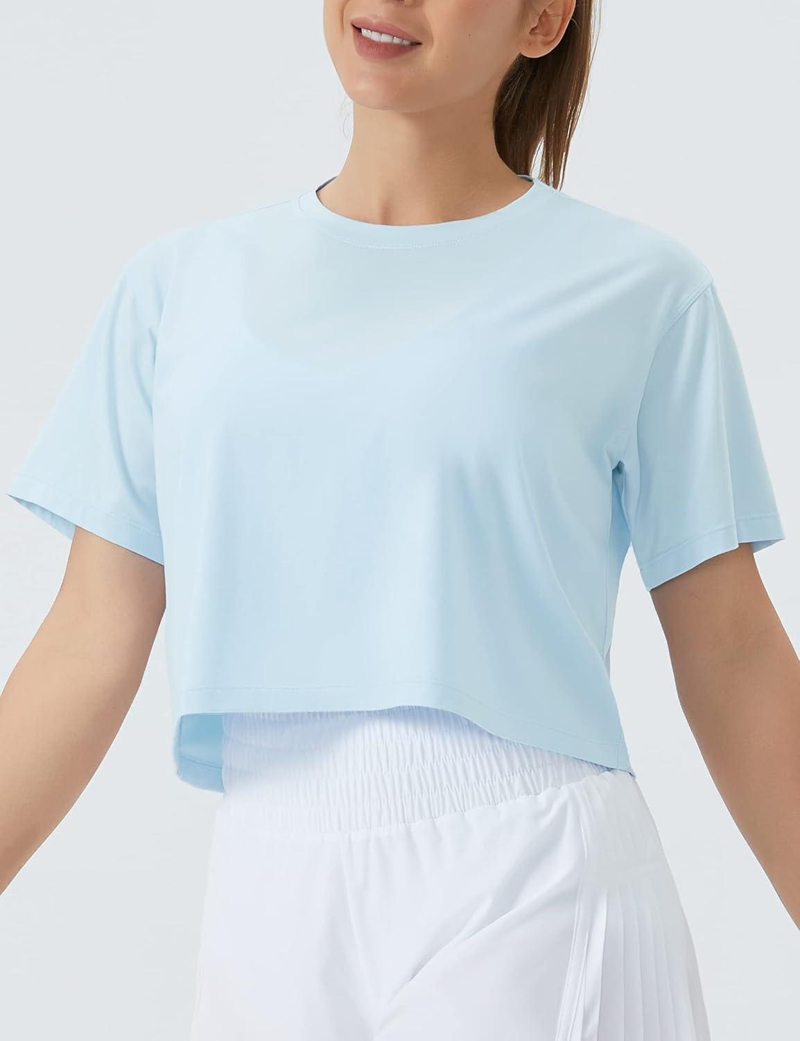 imageTHE GYM PEOPLE Womens Workout Crop Top TShirt Short Sleeve Boxy Yoga Running Cropped Basic TeeLight Blue