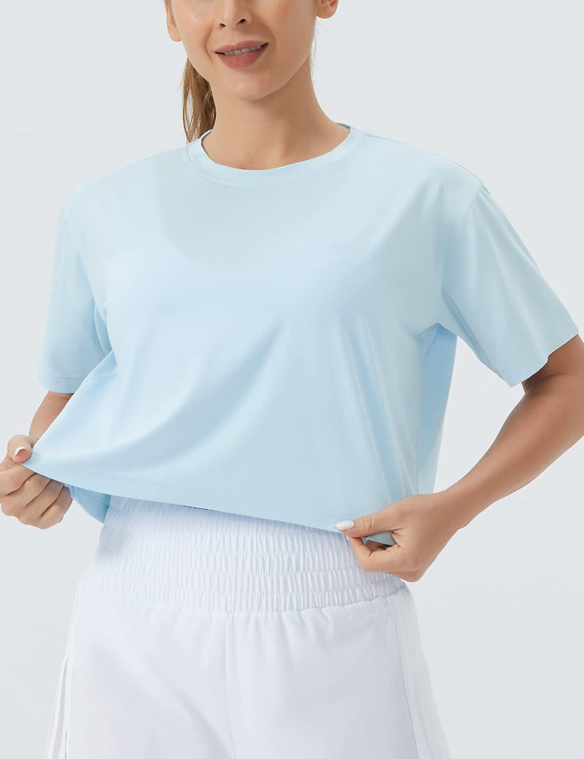 imageTHE GYM PEOPLE Womens Workout Crop Top TShirt Short Sleeve Boxy Yoga Running Cropped Basic TeeLight Blue