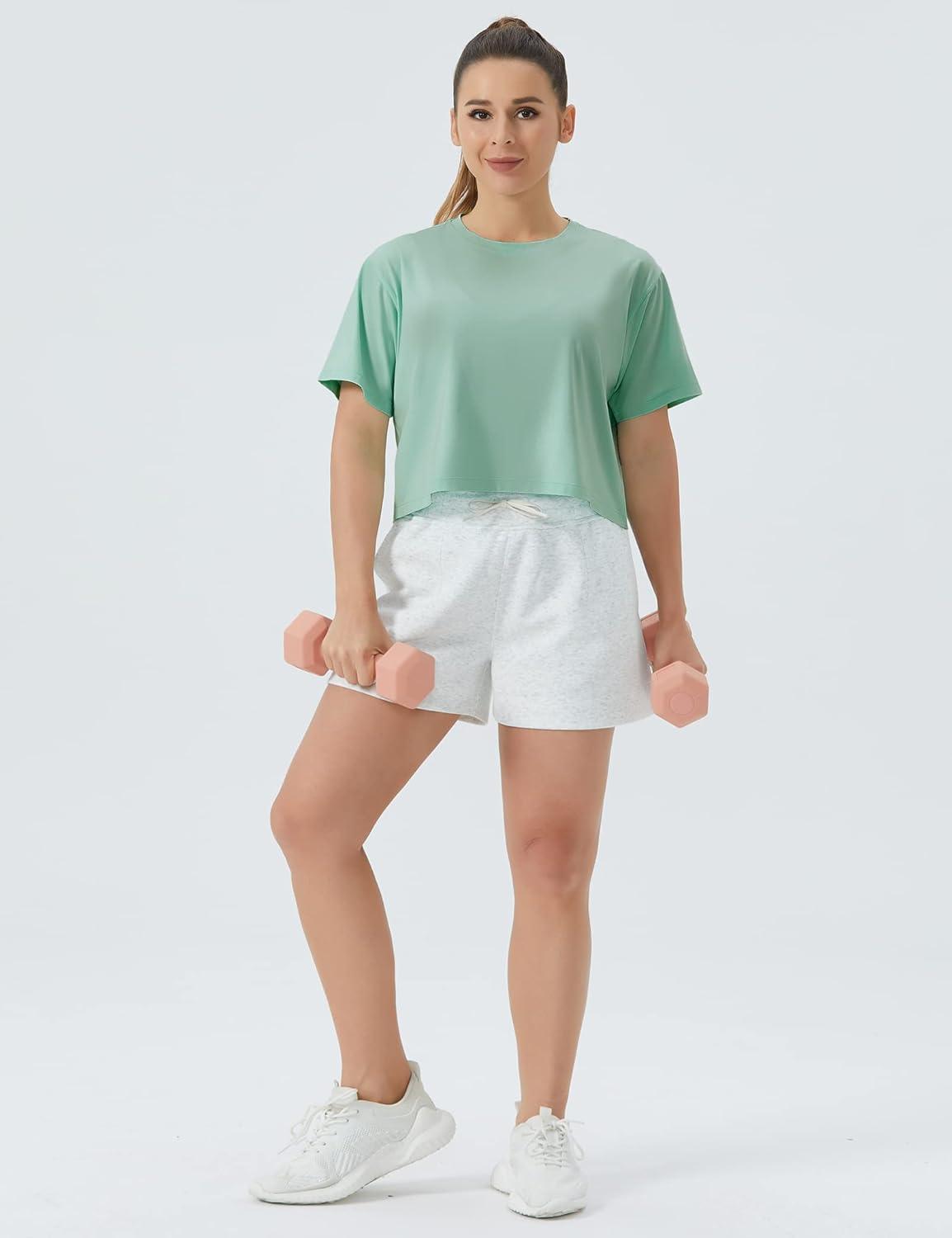 imageTHE GYM PEOPLE Womens Workout Crop Top TShirt Short Sleeve Boxy Yoga Running Cropped Basic TeeLight Green