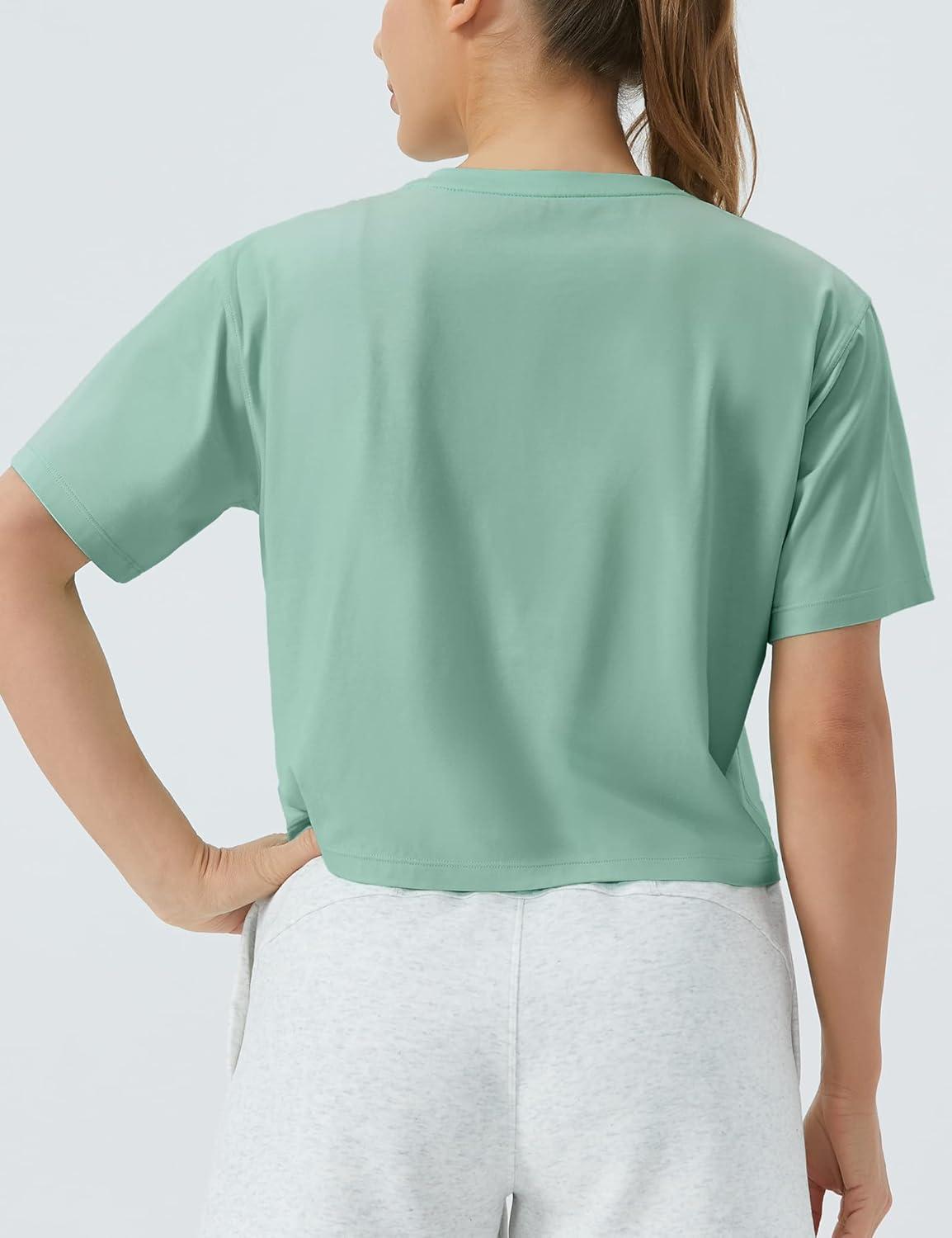 imageTHE GYM PEOPLE Womens Workout Crop Top TShirt Short Sleeve Boxy Yoga Running Cropped Basic TeeLight Green