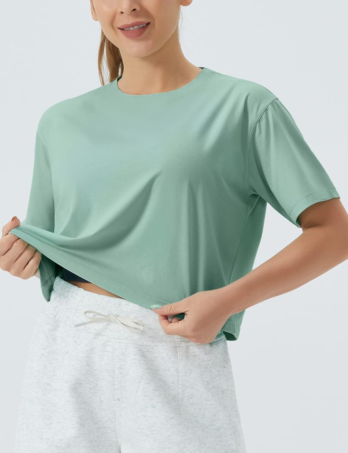 imageTHE GYM PEOPLE Womens Workout Crop Top TShirt Short Sleeve Boxy Yoga Running Cropped Basic TeeLight Green