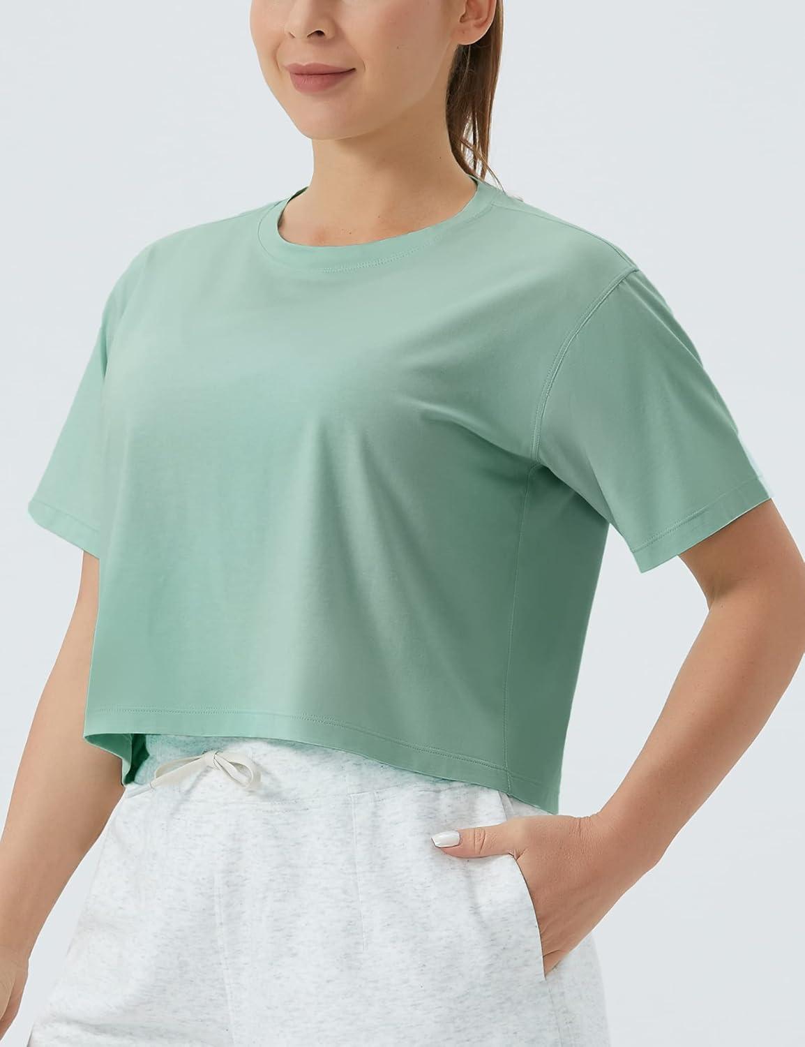 imageTHE GYM PEOPLE Womens Workout Crop Top TShirt Short Sleeve Boxy Yoga Running Cropped Basic TeeLight Green