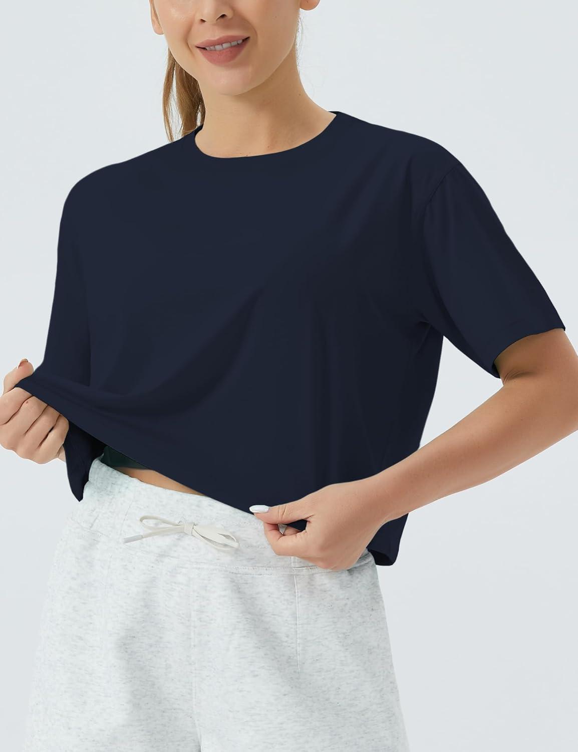 imageTHE GYM PEOPLE Womens Workout Crop Top TShirt Short Sleeve Boxy Yoga Running Cropped Basic TeeNavy Blue