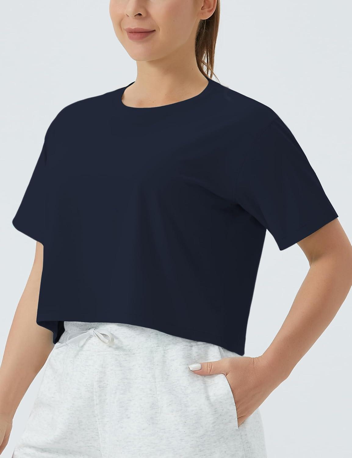 imageTHE GYM PEOPLE Womens Workout Crop Top TShirt Short Sleeve Boxy Yoga Running Cropped Basic TeeNavy Blue