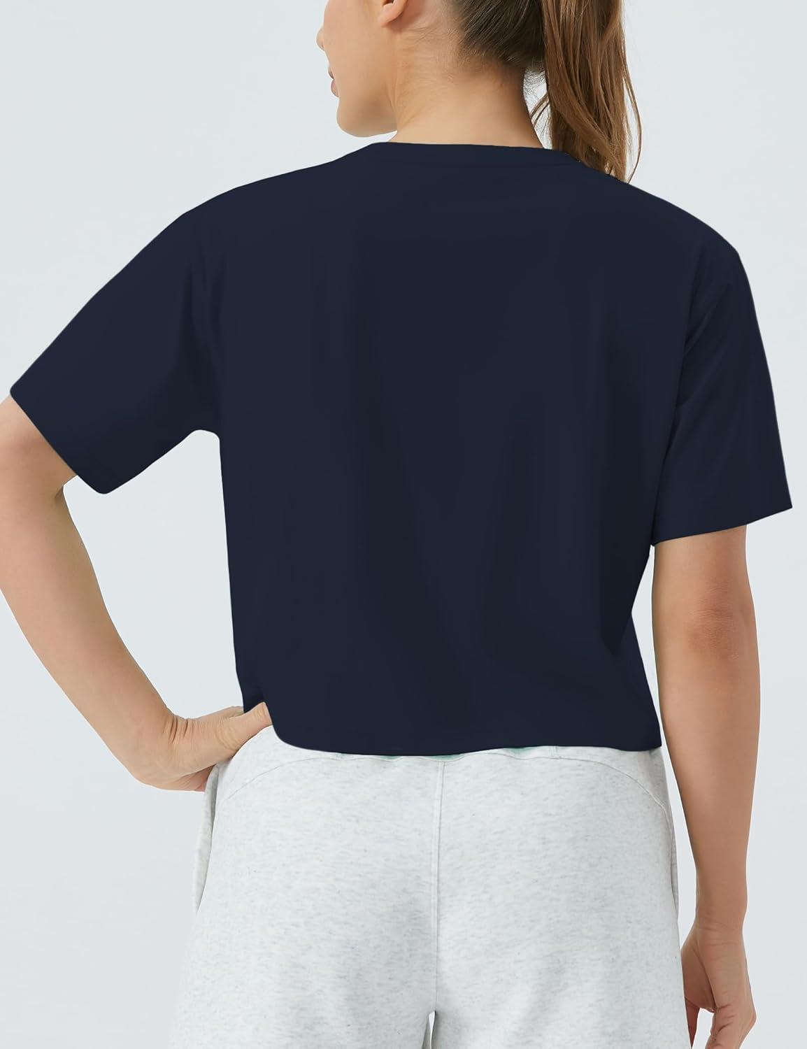 imageTHE GYM PEOPLE Womens Workout Crop Top TShirt Short Sleeve Boxy Yoga Running Cropped Basic TeeNavy Blue