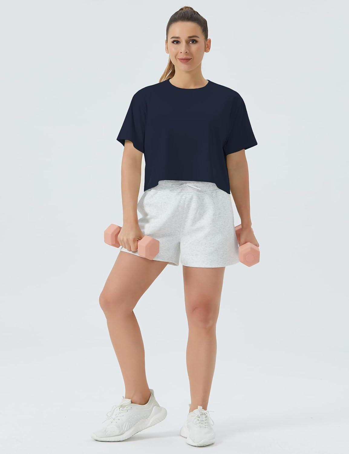 imageTHE GYM PEOPLE Womens Workout Crop Top TShirt Short Sleeve Boxy Yoga Running Cropped Basic TeeNavy Blue