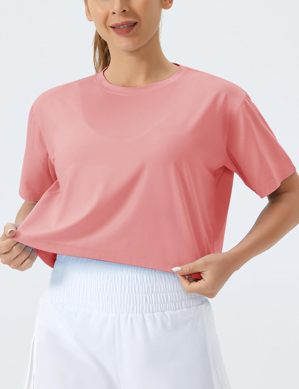 imageTHE GYM PEOPLE Womens Workout Crop Top TShirt Short Sleeve Boxy Yoga Running Cropped Basic TeeRose Red