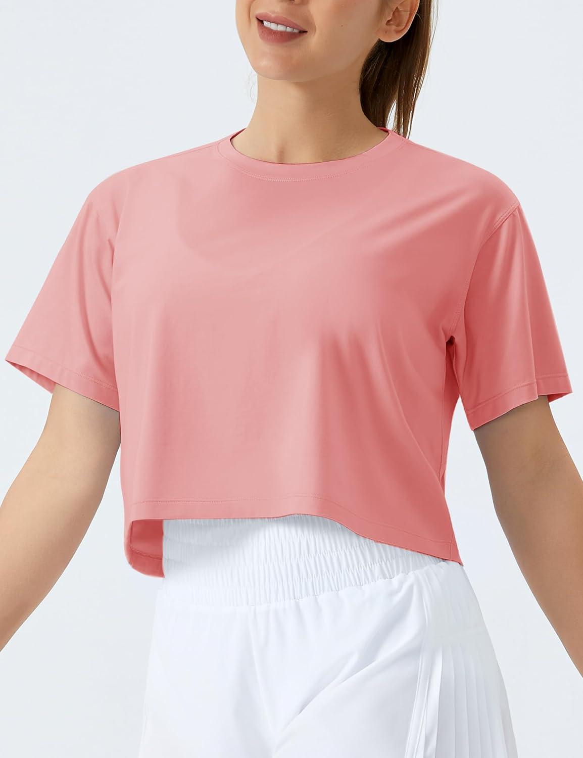 imageTHE GYM PEOPLE Womens Workout Crop Top TShirt Short Sleeve Boxy Yoga Running Cropped Basic TeeRose Red