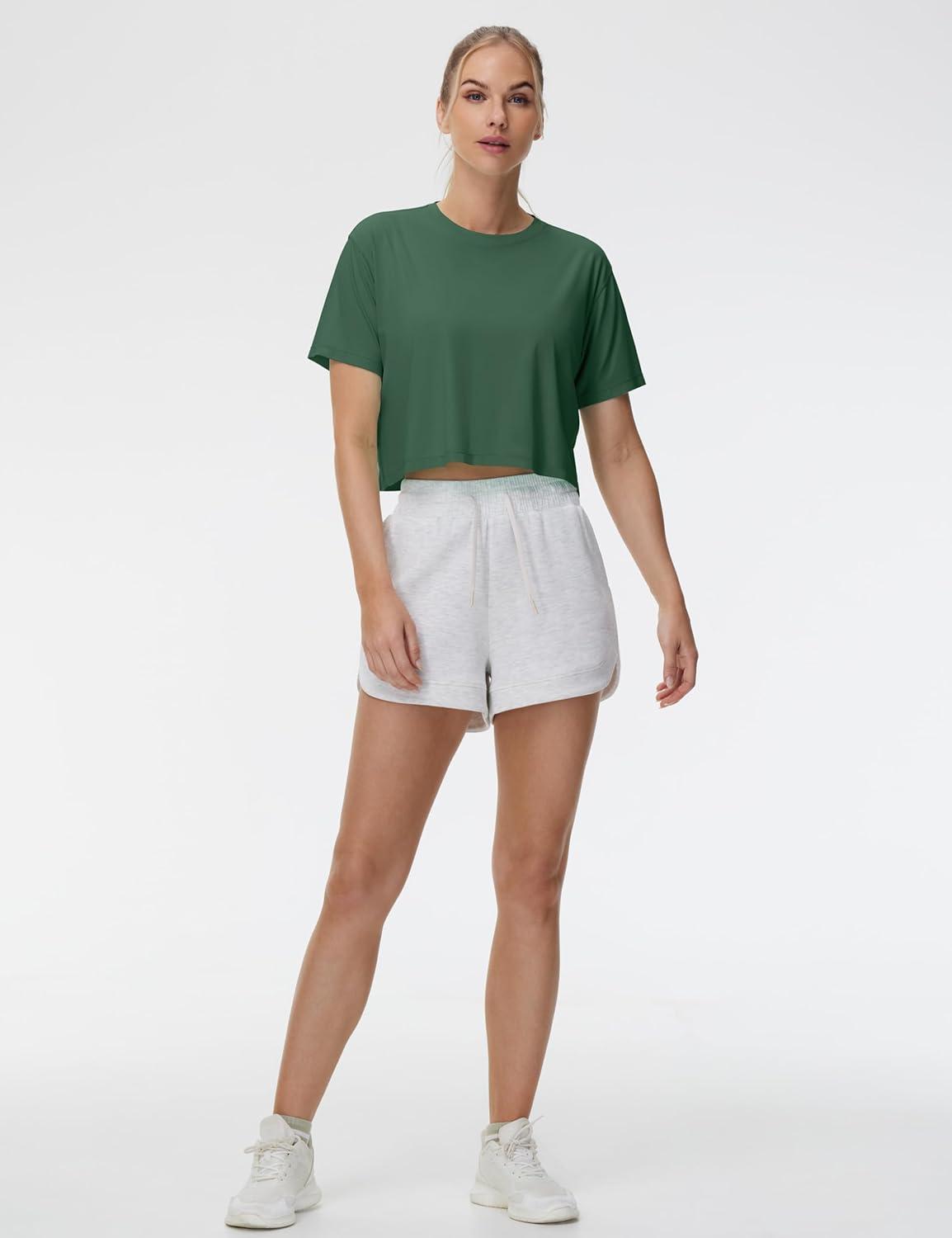 imageTHE GYM PEOPLE Womens Workout Crop Top TShirt Short Sleeve Boxy Yoga Running Cropped Basic TeeSoft Green