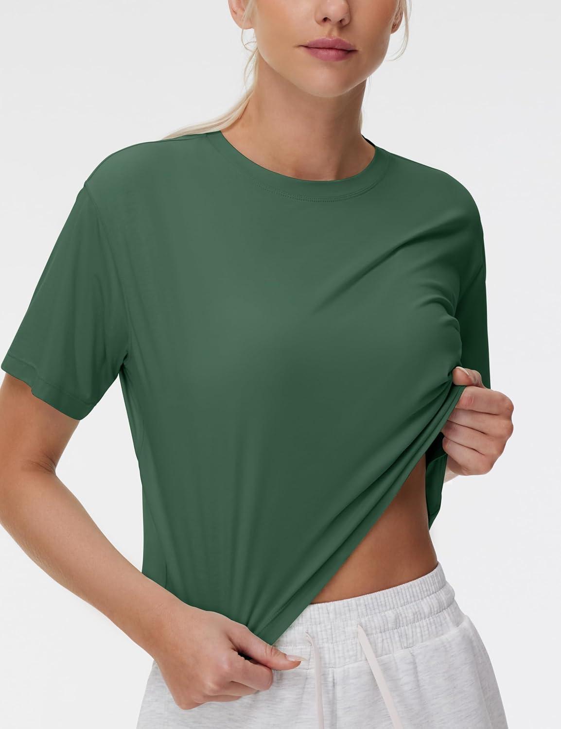 imageTHE GYM PEOPLE Womens Workout Crop Top TShirt Short Sleeve Boxy Yoga Running Cropped Basic TeeSoft Green