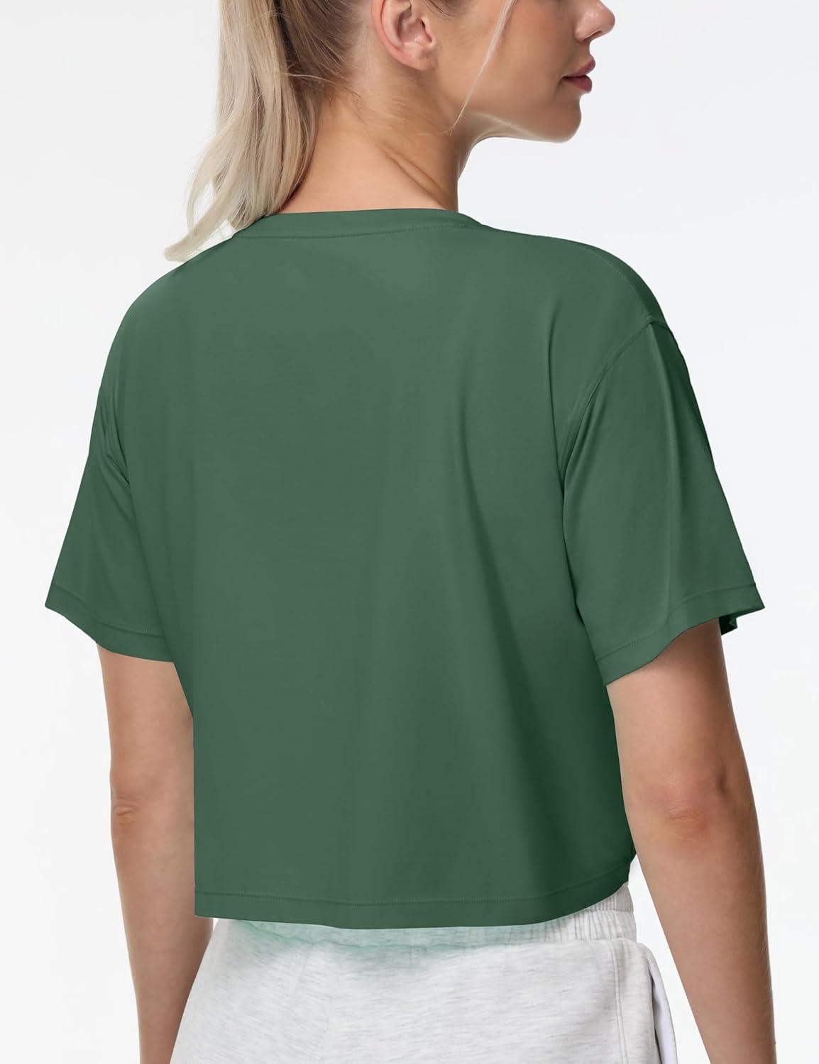 imageTHE GYM PEOPLE Womens Workout Crop Top TShirt Short Sleeve Boxy Yoga Running Cropped Basic TeeSoft Green