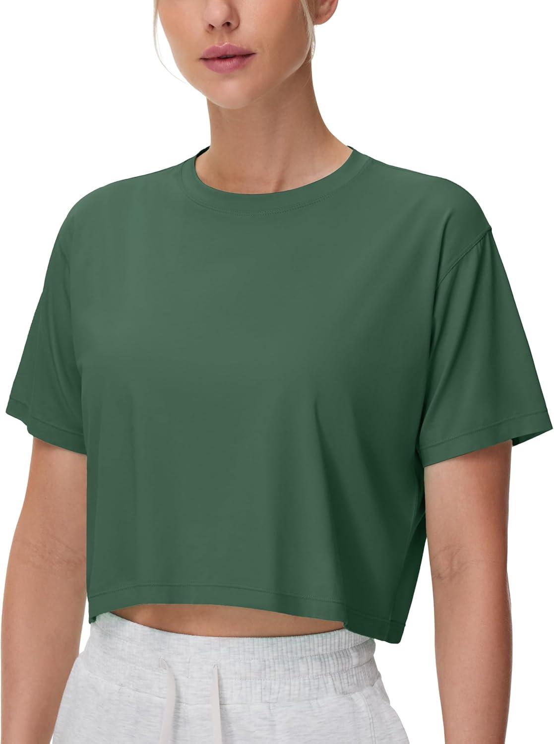 imageTHE GYM PEOPLE Womens Workout Crop Top TShirt Short Sleeve Boxy Yoga Running Cropped Basic TeeSoft Green