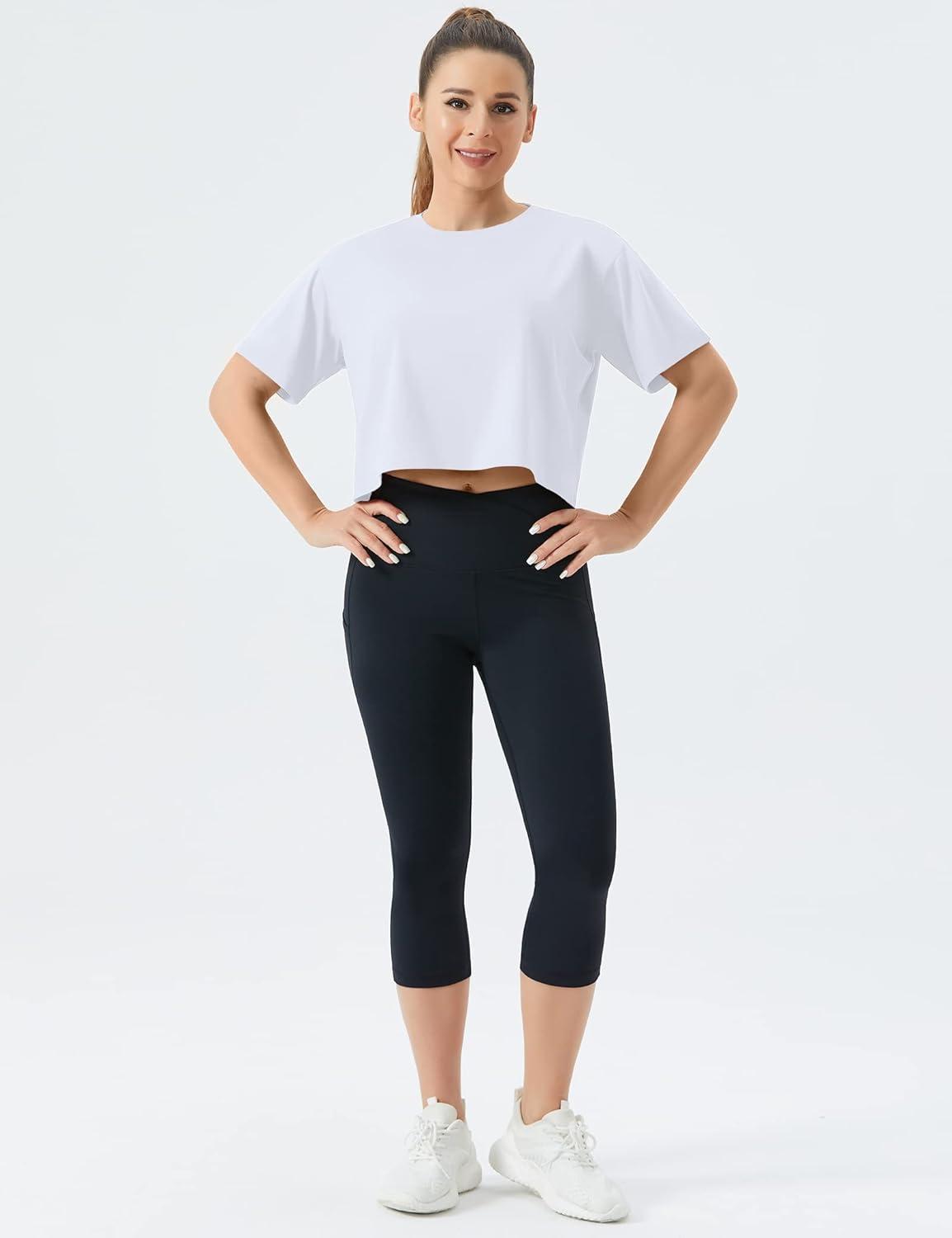 imageTHE GYM PEOPLE Womens Workout Crop Top TShirt Short Sleeve Boxy Yoga Running Cropped Basic TeeWhite