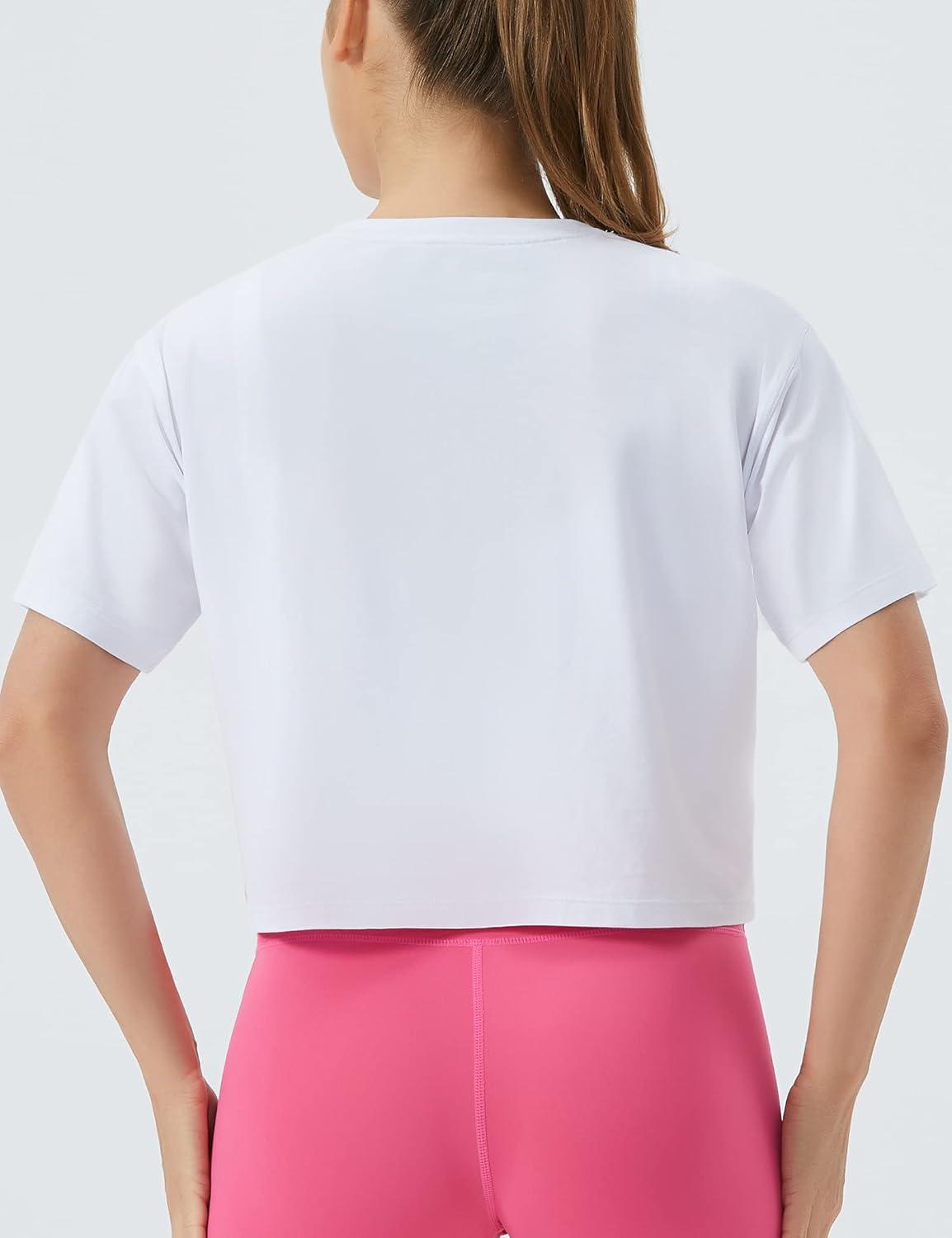 imageTHE GYM PEOPLE Womens Workout Crop Top TShirt Short Sleeve Boxy Yoga Running Cropped Basic TeeWhite