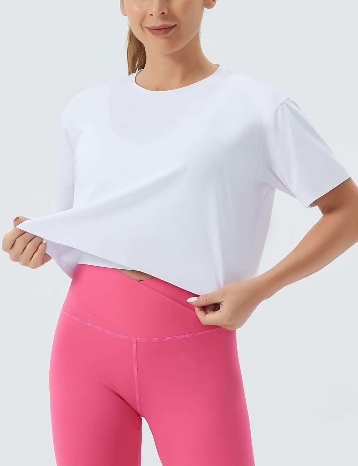 imageTHE GYM PEOPLE Womens Workout Crop Top TShirt Short Sleeve Boxy Yoga Running Cropped Basic TeeWhite
