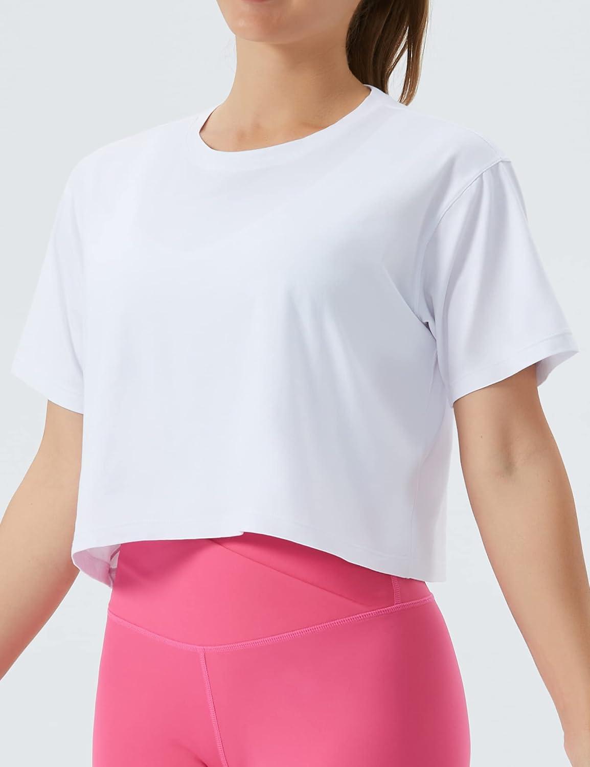 imageTHE GYM PEOPLE Womens Workout Crop Top TShirt Short Sleeve Boxy Yoga Running Cropped Basic TeeWhite