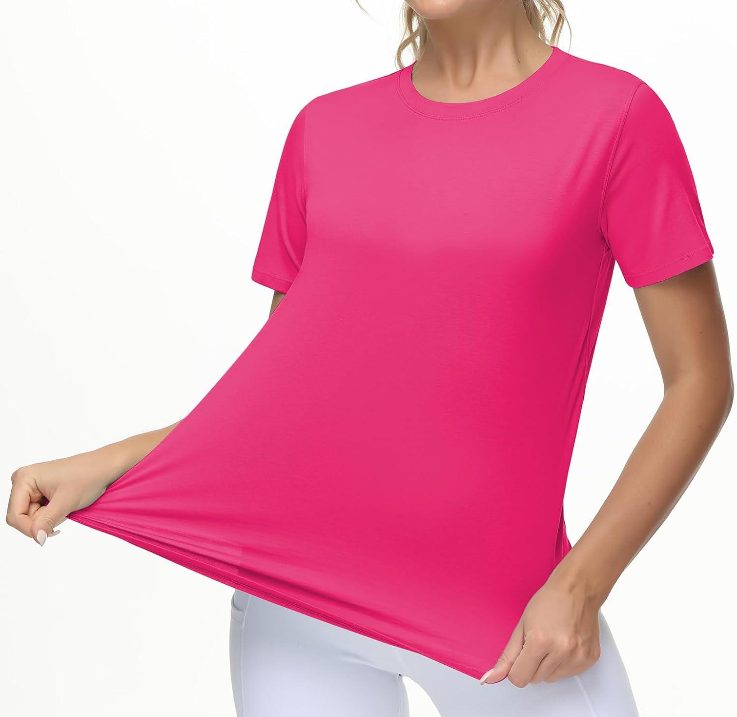 imageTHE GYM PEOPLE Womens Workout Short Sleeve Breathable TShirts Athletic Yoga Tee TopsBright Pink