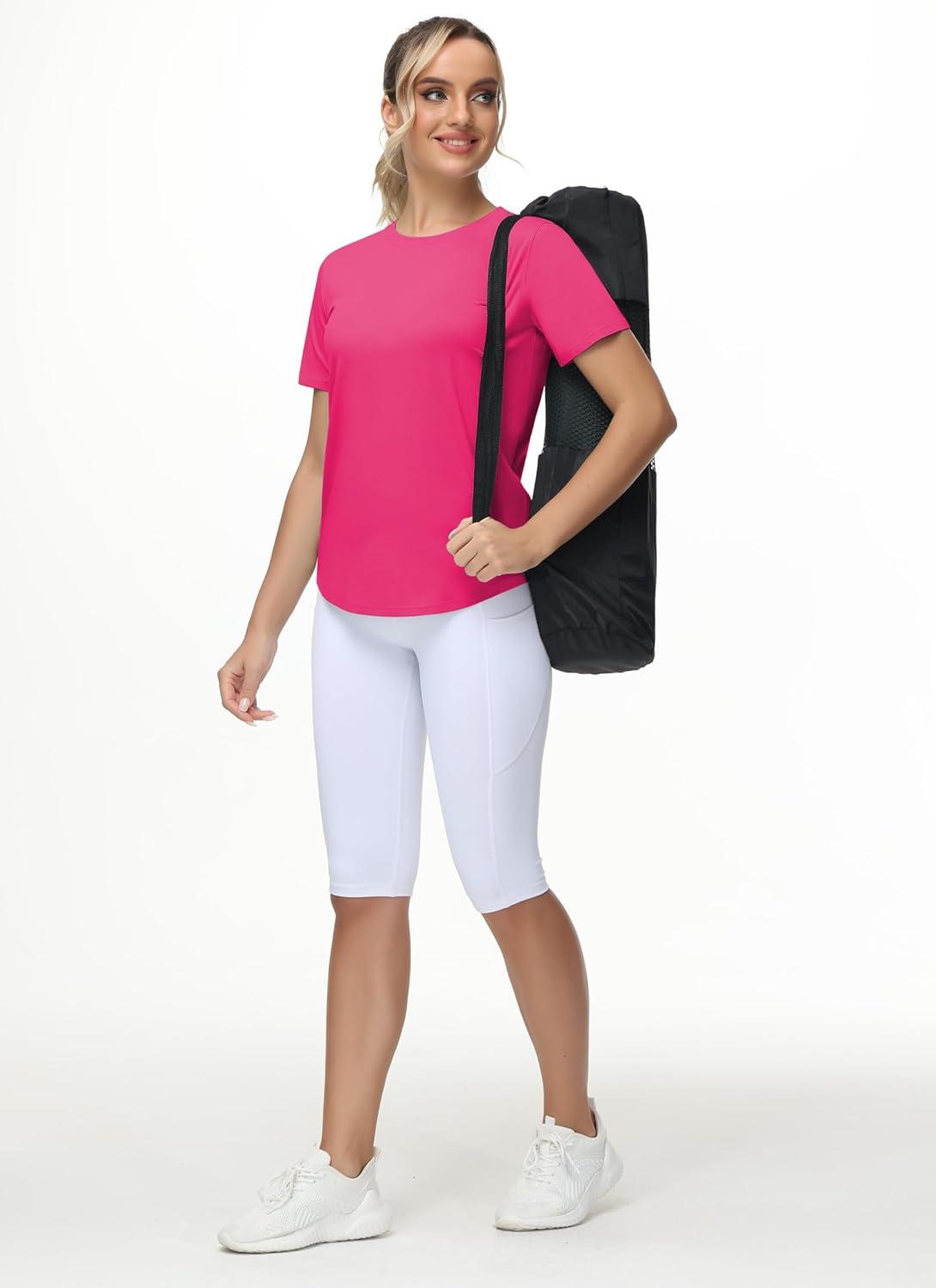 imageTHE GYM PEOPLE Womens Workout Short Sleeve Breathable TShirts Athletic Yoga Tee TopsBright Pink