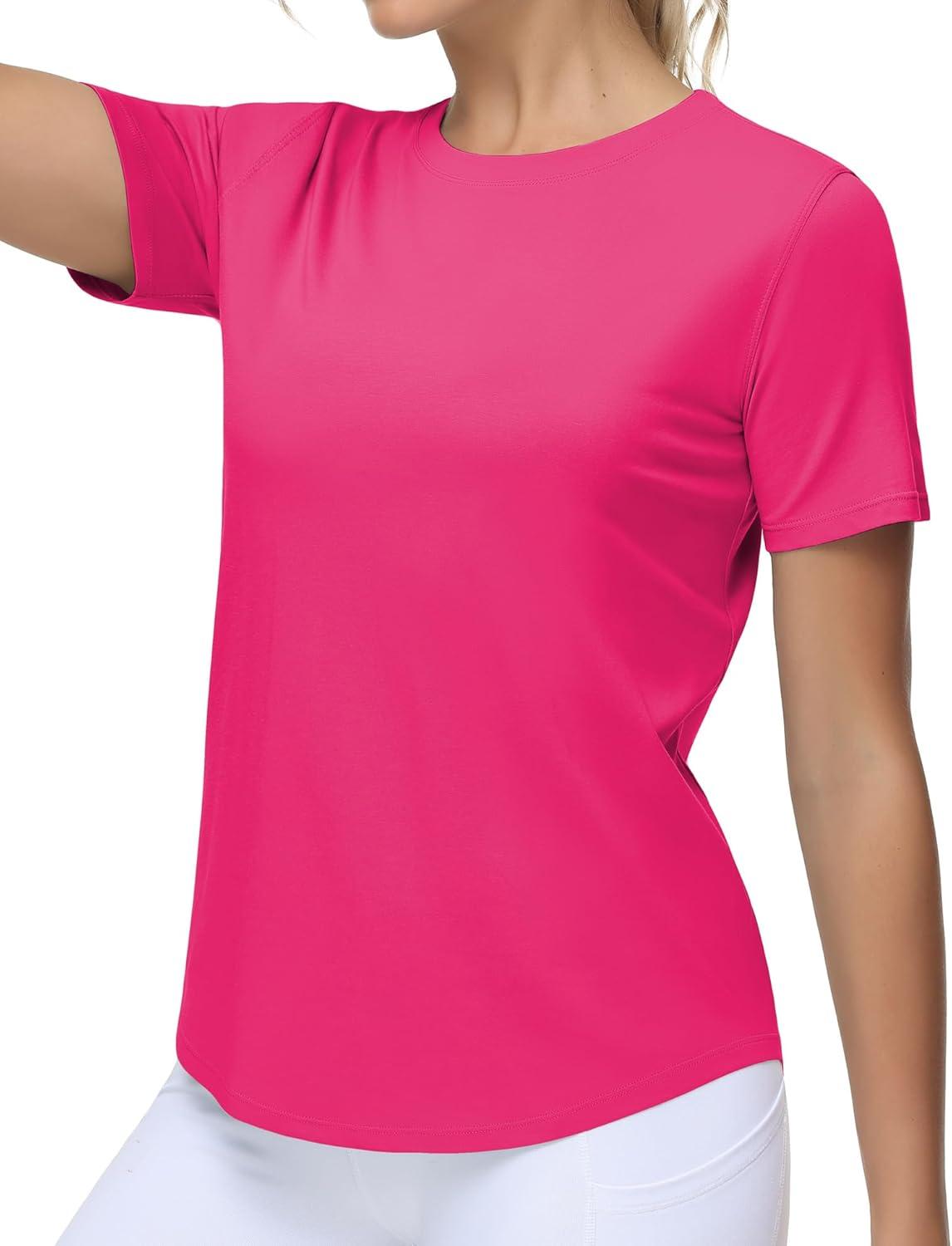 imageTHE GYM PEOPLE Womens Workout Short Sleeve Breathable TShirts Athletic Yoga Tee TopsBright Pink