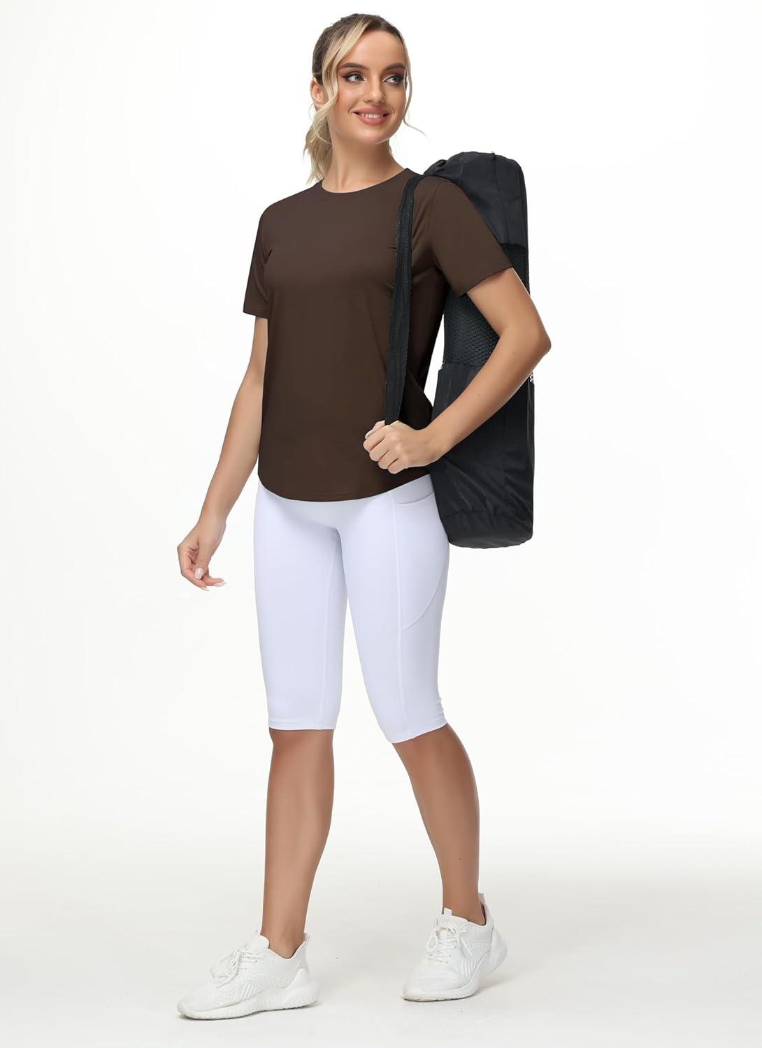 imageTHE GYM PEOPLE Womens Workout Short Sleeve Breathable TShirts Athletic Yoga Tee TopsBrown