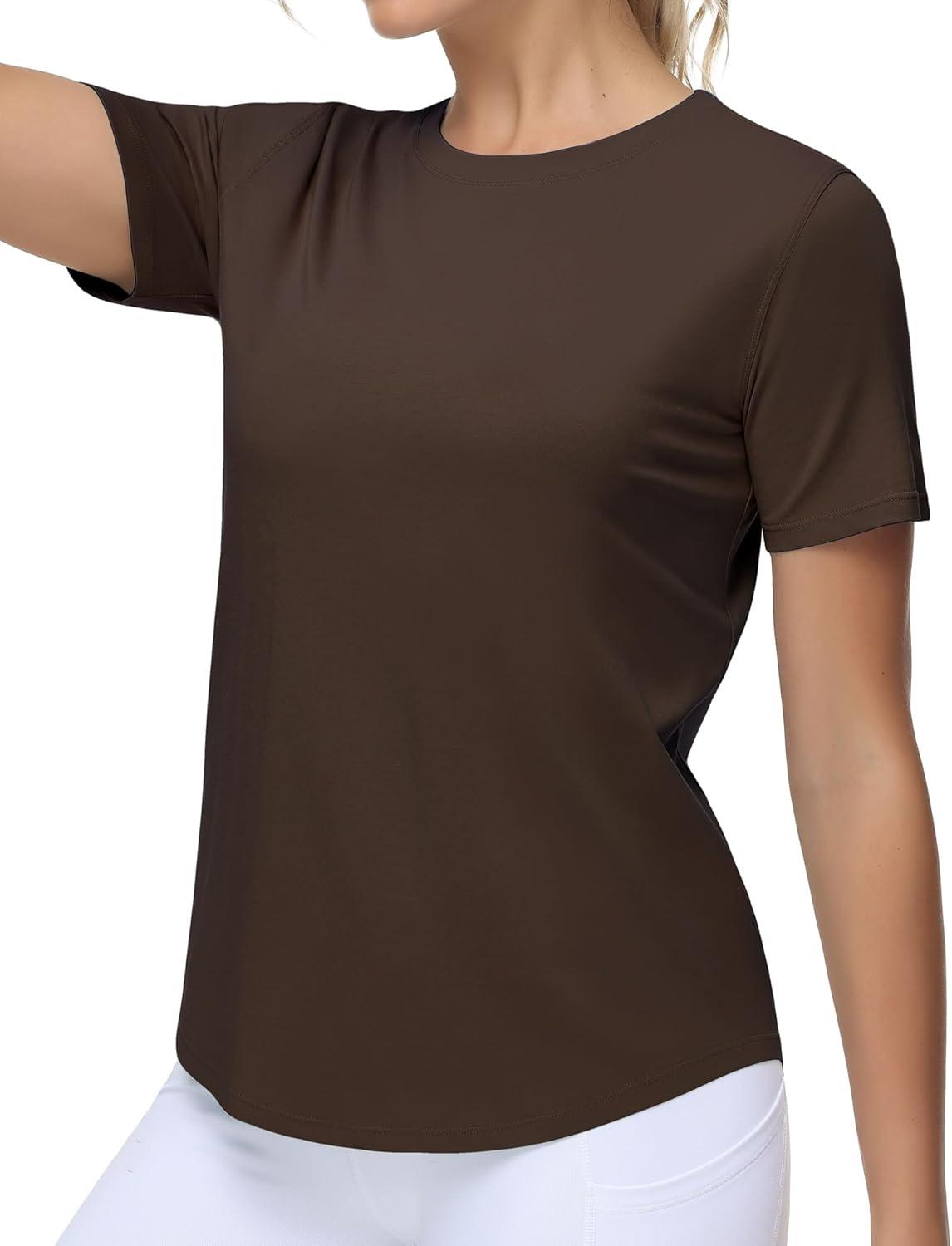imageTHE GYM PEOPLE Womens Workout Short Sleeve Breathable TShirts Athletic Yoga Tee TopsBrown