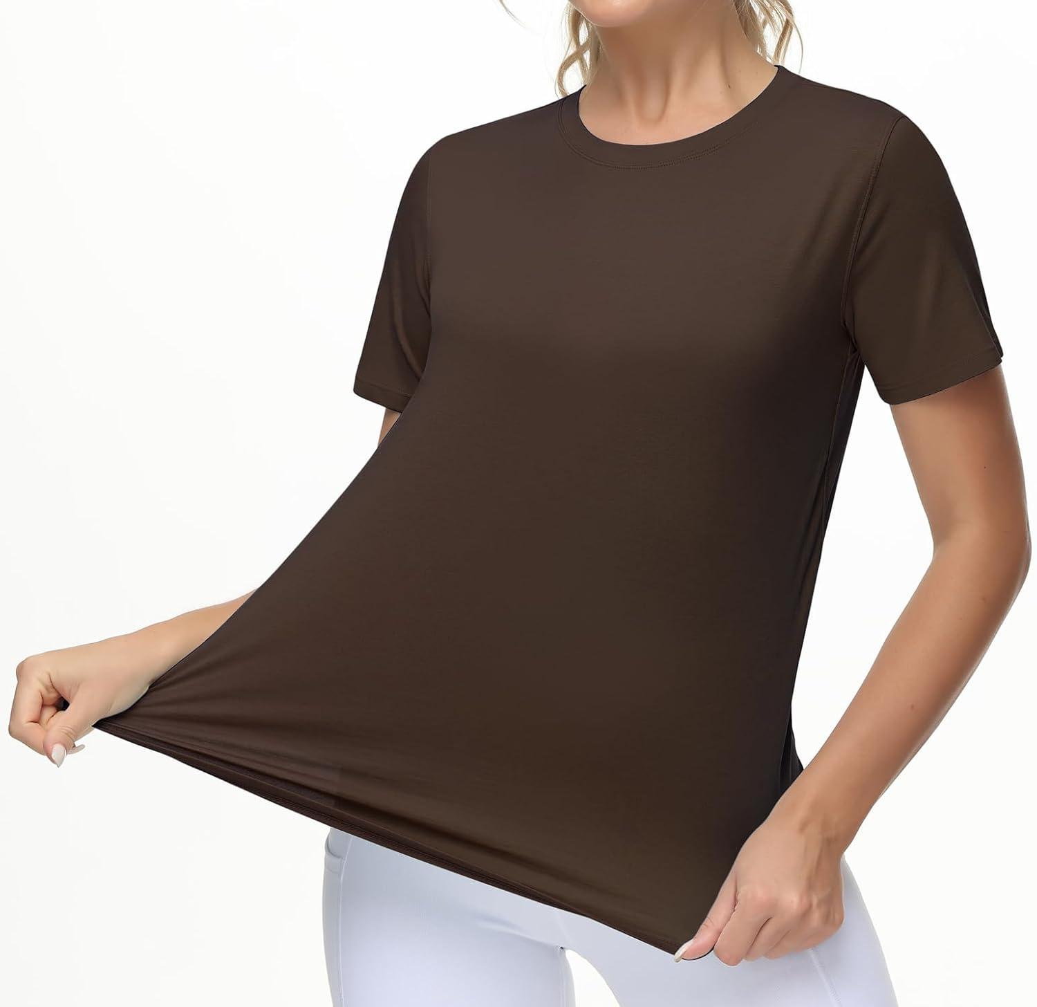 imageTHE GYM PEOPLE Womens Workout Short Sleeve Breathable TShirts Athletic Yoga Tee TopsBrown
