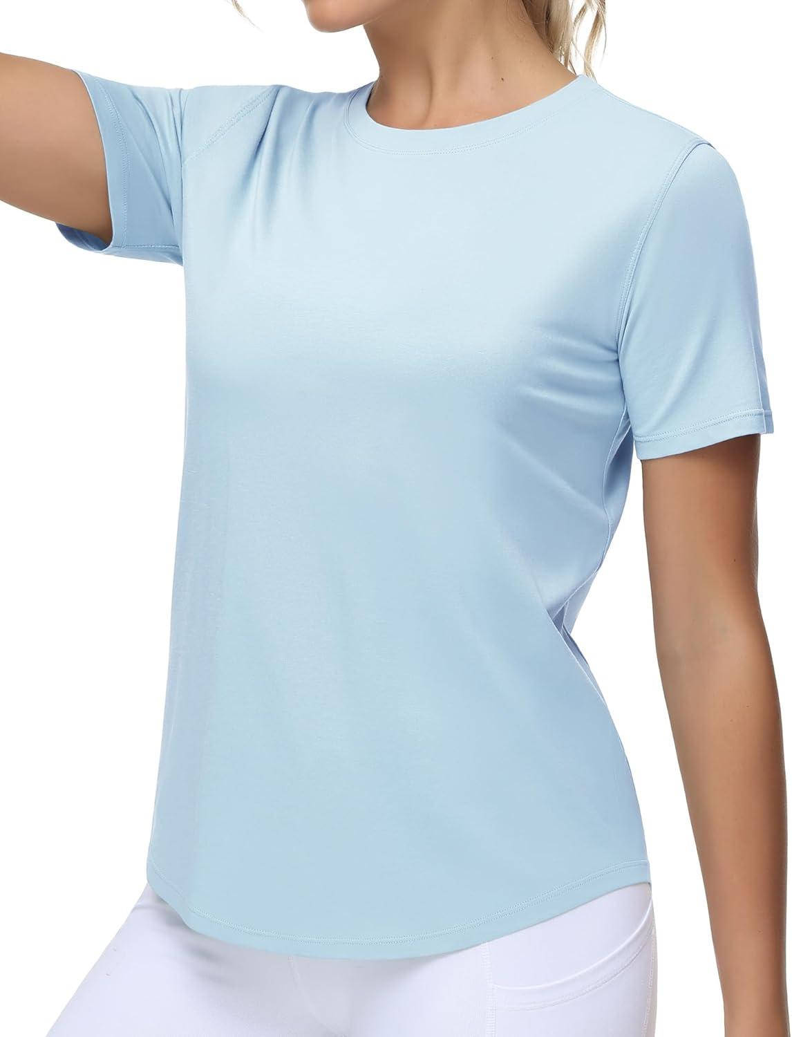 imageTHE GYM PEOPLE Womens Workout Short Sleeve Breathable TShirts Athletic Yoga Tee TopsLight Blue