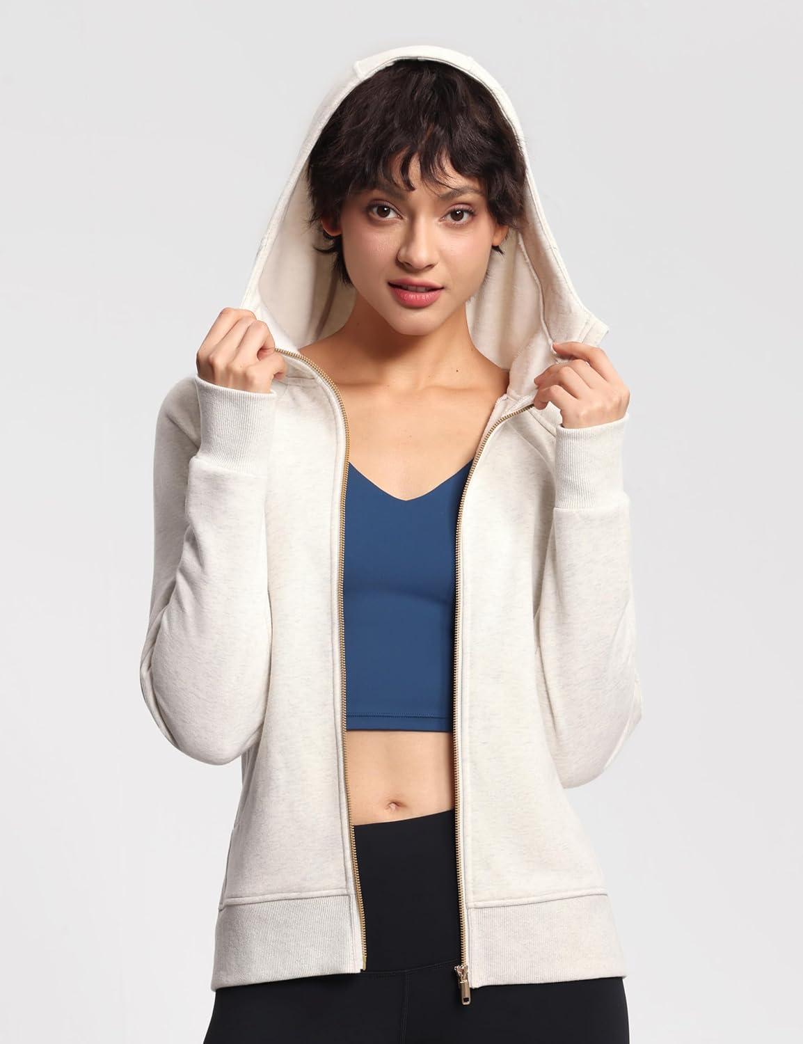 imageTHE GYM PEOPLE Womens Zip Up Hoodies Fleece Workout Jackets Sweatshirts with Pockets Thumb HoleHeather White