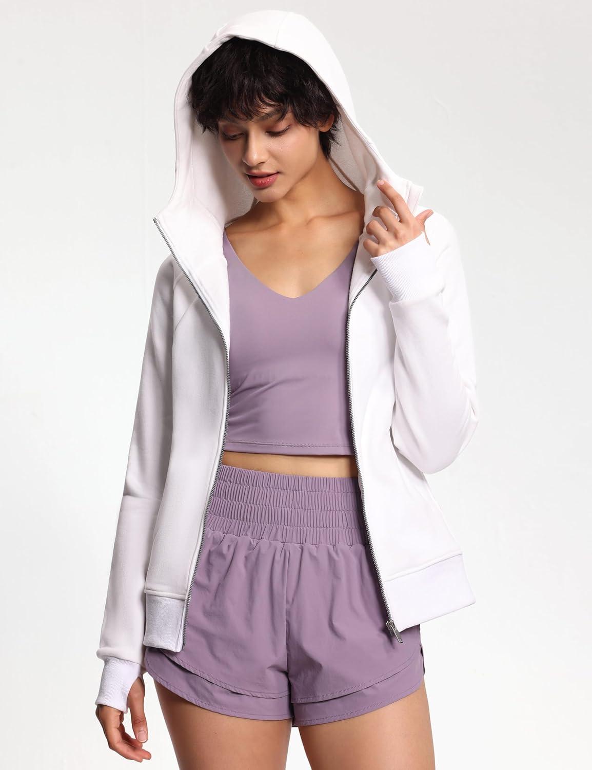 imageTHE GYM PEOPLE Womens Zip Up Hoodies Fleece Workout Jackets Sweatshirts with Pockets Thumb HoleWhite