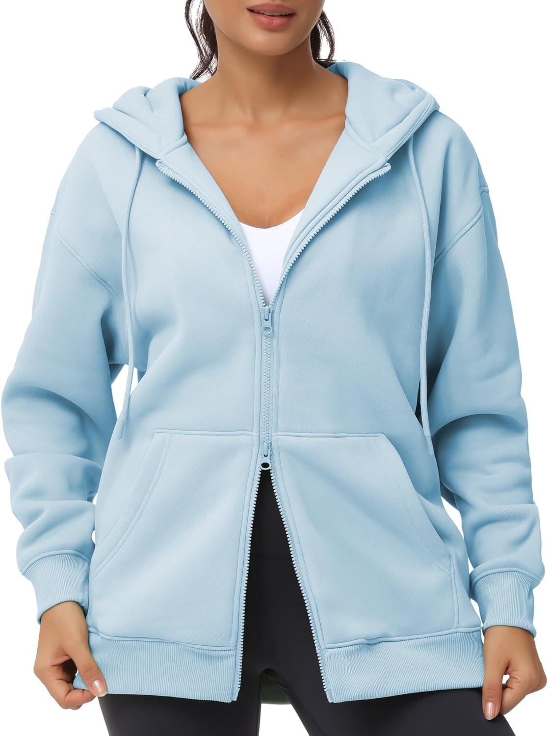 imageTHE GYM PEOPLE Womens Zip Up Plus Oversize Hoodie Drawstring Sweatshirts Casual Long Sleeve Jacket with PocketsLight Blue