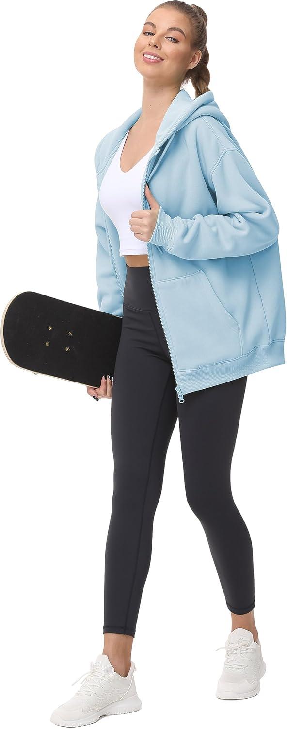 imageTHE GYM PEOPLE Womens Zip Up Plus Oversize Hoodie Drawstring Sweatshirts Casual Long Sleeve Jacket with PocketsLight Blue
