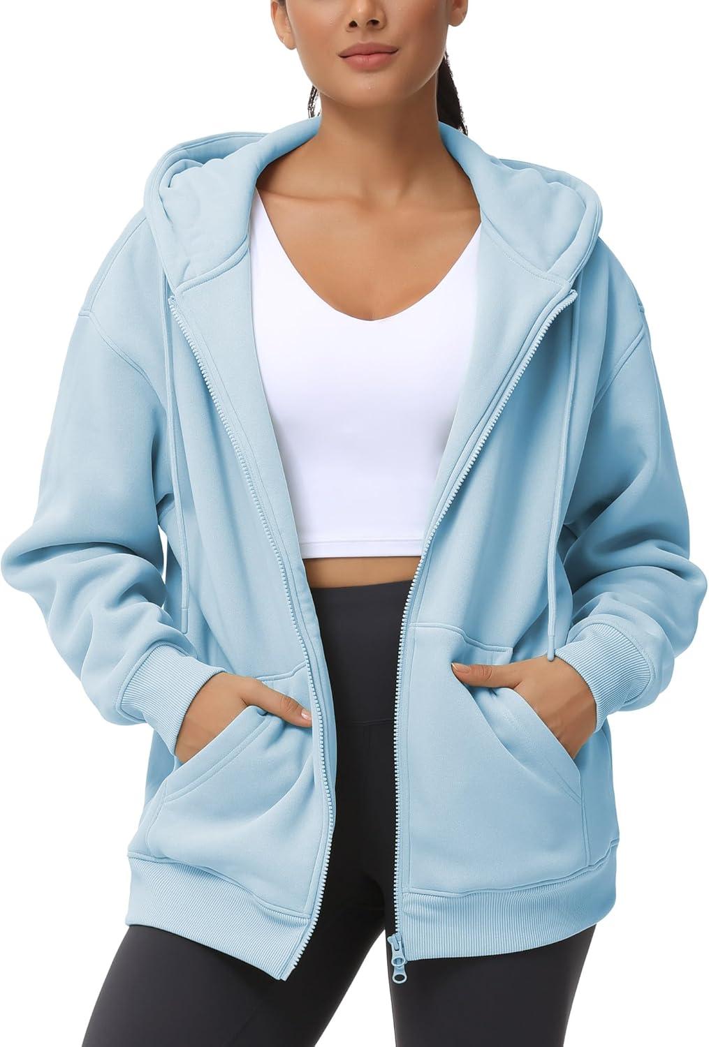 imageTHE GYM PEOPLE Womens Zip Up Plus Oversize Hoodie Drawstring Sweatshirts Casual Long Sleeve Jacket with PocketsLight Blue