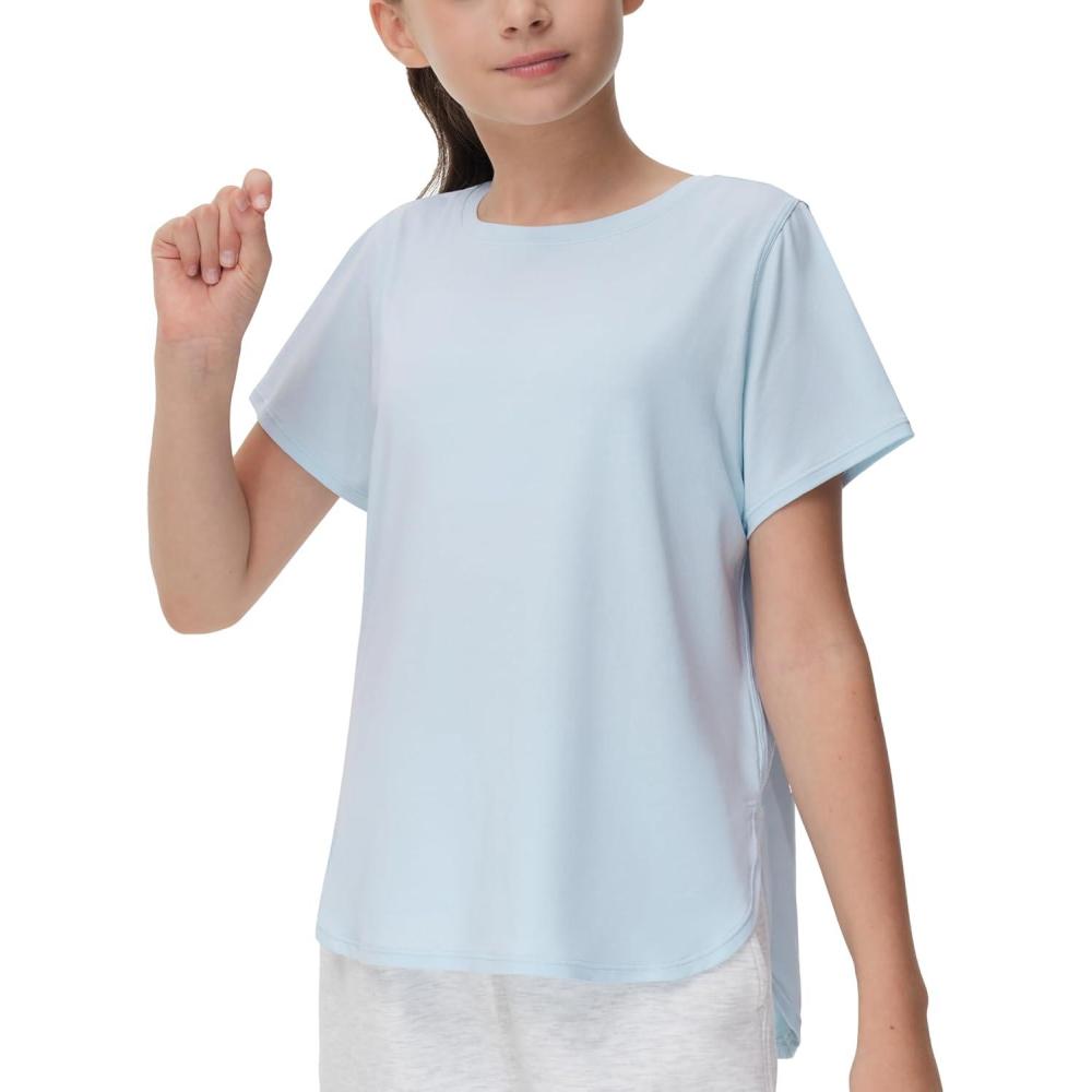 imageTHE GYM PEOPLE Girls Athletic Shirts Short Sleeve Workout Tops Kids Basic Tees with Side SlitsLight Blue