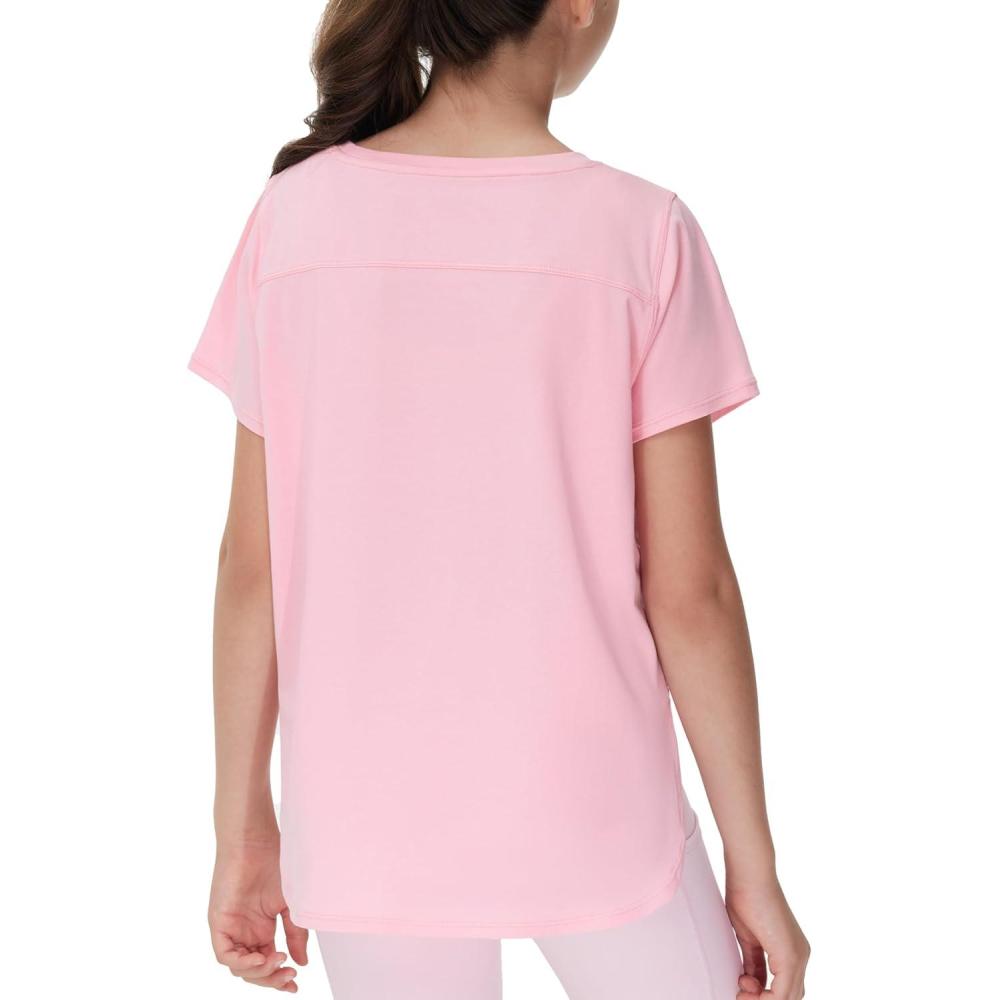 imageTHE GYM PEOPLE Girls Athletic Shirts Short Sleeve Workout Tops Kids Basic Tees with Side SlitsPink