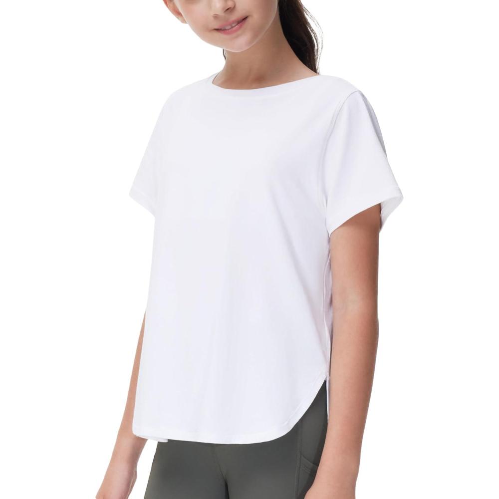 imageTHE GYM PEOPLE Girls Athletic Shirts Short Sleeve Workout Tops Kids Basic Tees with Side SlitsWhite