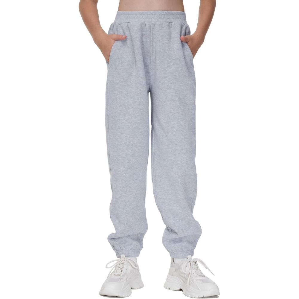 imageTHE GYM PEOPLE Girls Fleece Tapered Workout Sweatpants Warm Soft Athletic Joggers Pants with PocketsGrey
