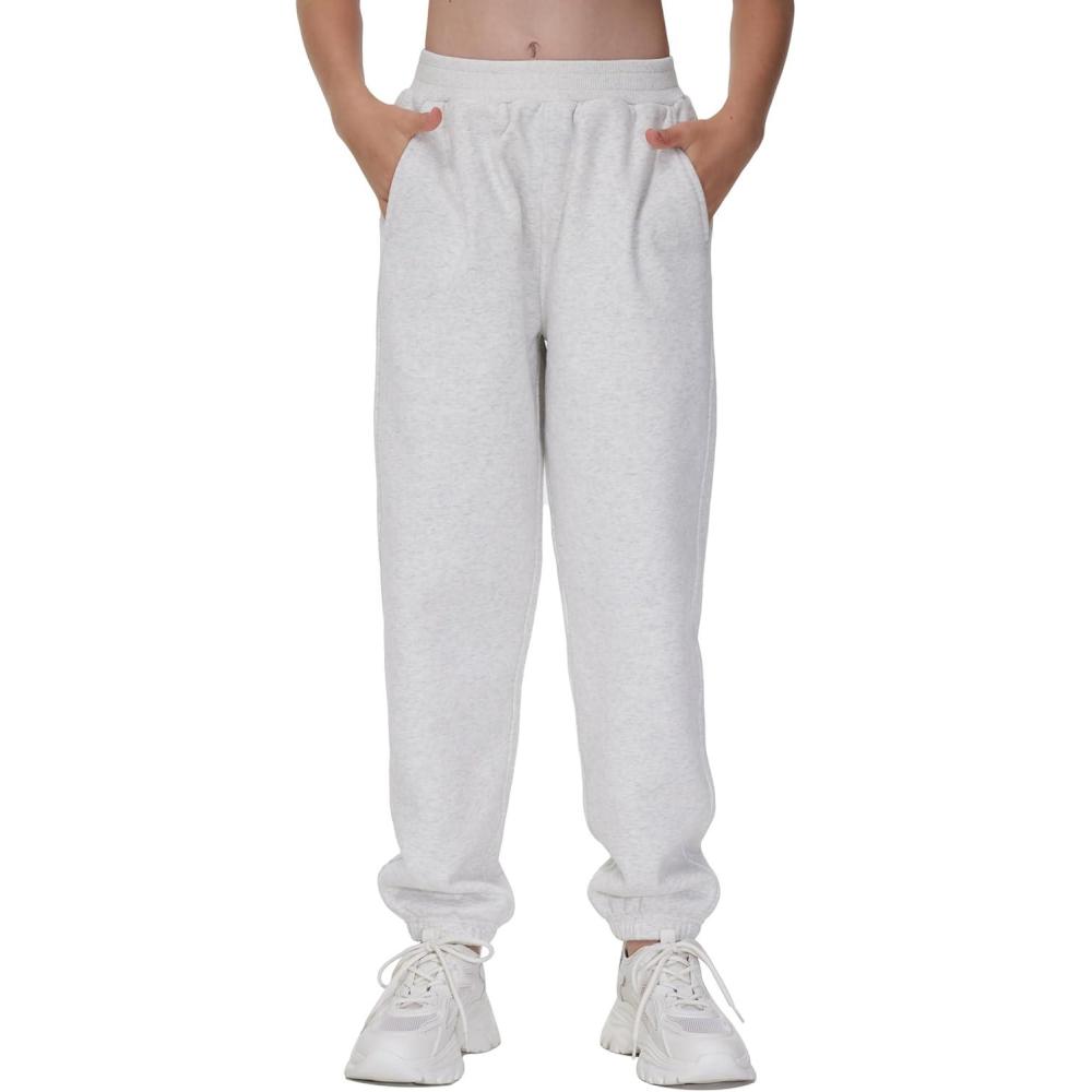 imageTHE GYM PEOPLE Girls Fleece Tapered Workout Sweatpants Warm Soft Athletic Joggers Pants with PocketsHeather White