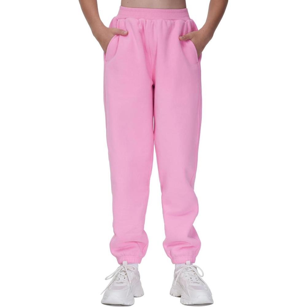 imageTHE GYM PEOPLE Girls Fleece Tapered Workout Sweatpants Warm Soft Athletic Joggers Pants with PocketsPink