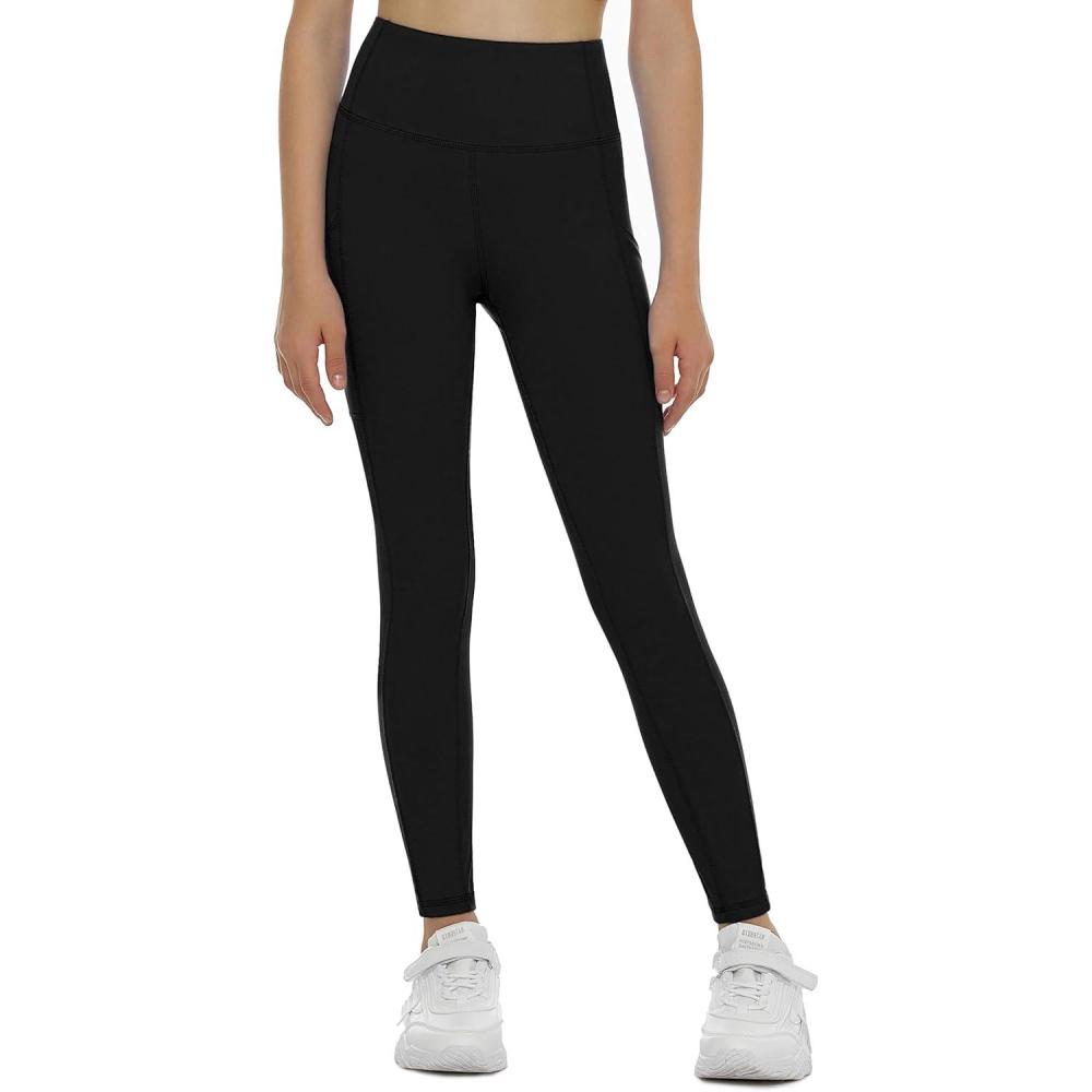 imageTHE GYM PEOPLE Girls Workout Leggings Kids High Waist Stretch Athletic Dance Yoga Pants with PocketsBlack