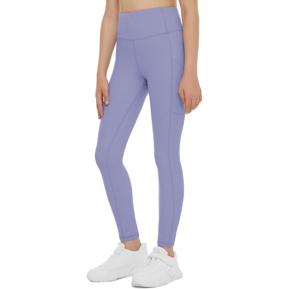 imageTHE GYM PEOPLE Girls Workout Leggings Kids High Waist Stretch Athletic Dance Yoga Pants with PocketsLavender Purple